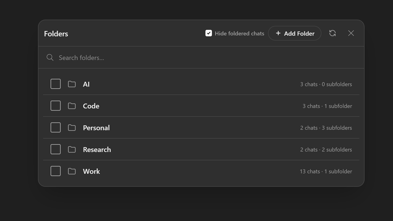 Workbench for ChatGPT organizing chats into folders and subfolders, dark mode