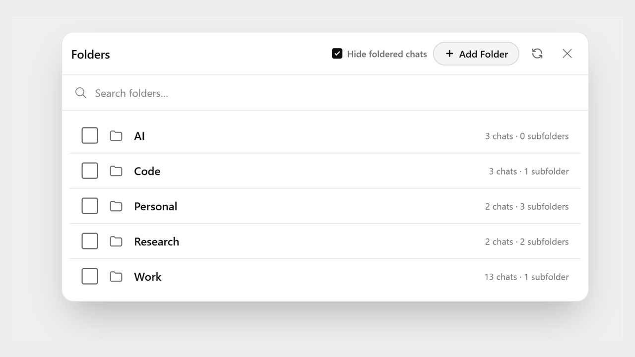 Workbench for ChatGPT organizing chats into folders and subfolders, light mode
